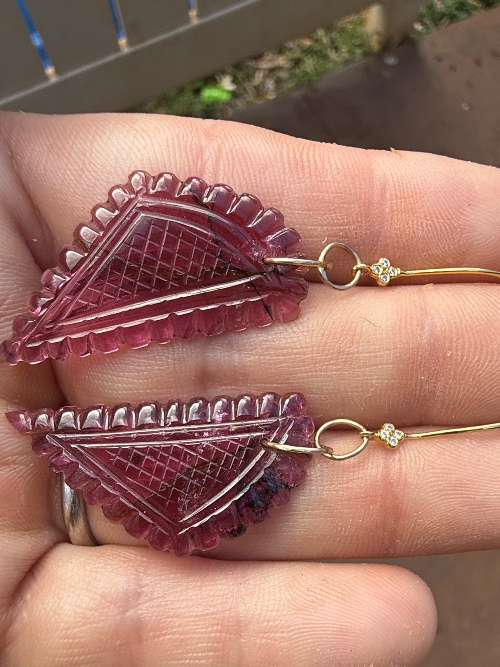 25.80ctw solid 14k gold genuine hand carved tourmaline/ diamond earrings - Picture 10 of 16